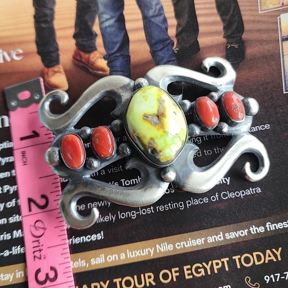 Chimney Butte Sterling Silver and Palomino & Coral Stone Belt Buckle - Picture 5 of 14